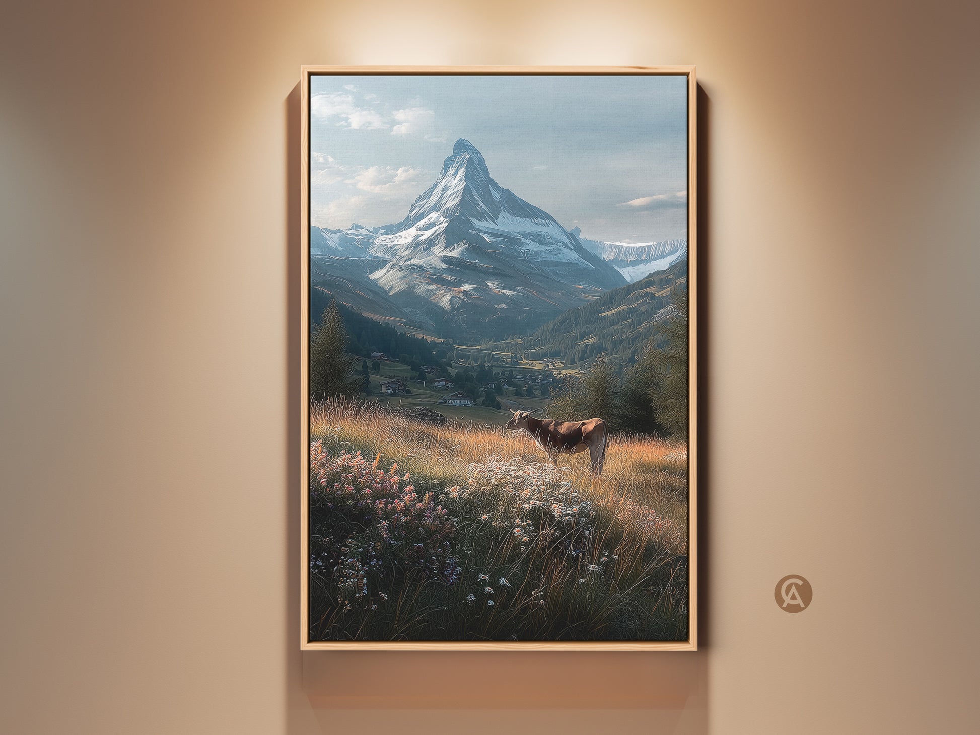 Experience the Swiss Alps with this stunning framed canvas art. A serene landscape captures the majestic Matterhorn. A cow grazes peacefully in a flower-filled meadow. This artwork brings nature's beauty into your home. Perfect for mountain lovers seeking tranquility and alpine charm. Order yours today