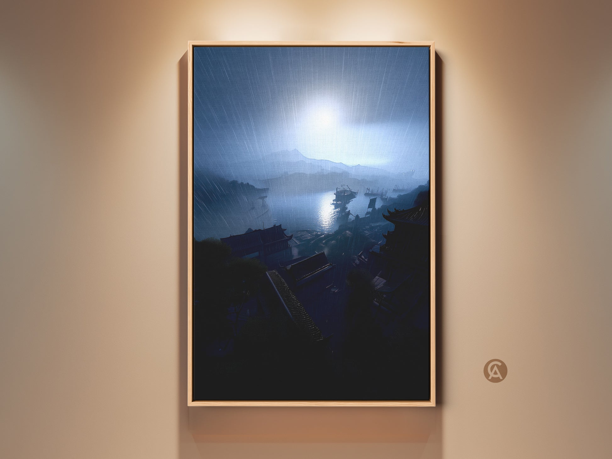 Dramatic harbor landscape art displayed in a frame. This coastal cityscape print features navy blue and gray tones. It captures a rainy day scene perfect as a housewarming gift. The artwork brings an eclectic touch to residential wall decor. This harbor view canvas adds artistic depth to any room. It is ideal for travel and art enthusiasts.