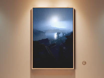 Dramatic harbor landscape art displayed in a frame. This coastal cityscape print features navy blue and gray tones. It captures a rainy day scene perfect as a housewarming gift. The artwork brings an eclectic touch to residential wall decor. This harbor view canvas adds artistic depth to any room. It is ideal for travel and art enthusiasts.