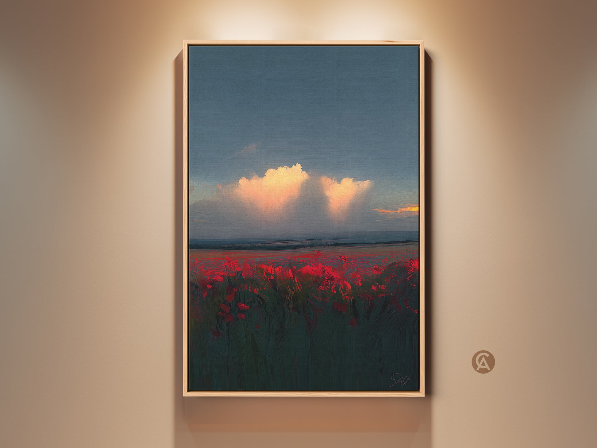 Crimson Poppy Field Sunset Wall Art. This stunning canvas print shows an impressionistic landscape. Orange and teal hues create a serene yet vibrant nature artwork. Ideal contemporary bedroom decor.