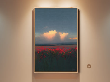 Crimson Poppy Field Sunset Wall Art. This stunning canvas print shows an impressionistic landscape. Orange and teal hues create a serene yet vibrant nature artwork. Ideal contemporary bedroom decor.