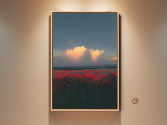 Crimson Poppy Field Sunset Wall Art. This stunning canvas print shows an impressionistic landscape. Orange and teal hues create a serene yet vibrant nature artwork. Ideal contemporary bedroom decor.