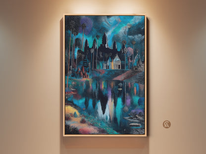 Eclectic Angkor Wat temple artwork displayed in a room setting. The deep blue and teal canvas print is a travel enthusiast gift. A fantasy pagoda wall art piece enhances the home decor. Serene temple reflection in the water. Intricate architecture evokes wanderlust. An ideal housewarming gift.