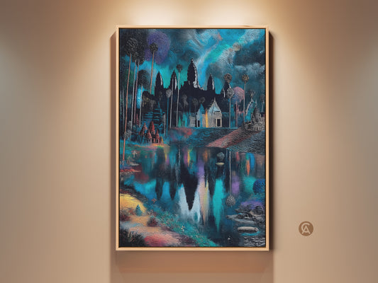 Eclectic Angkor Wat temple artwork displayed in a room setting. The deep blue and teal canvas print is a travel enthusiast gift. A fantasy pagoda wall art piece enhances the home decor. Serene temple reflection in the water. Intricate architecture evokes wanderlust. An ideal housewarming gift.