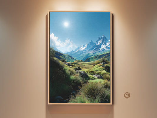 Landscape artwork featuring majestic snow-capped mountains under a bright sun. Lush green hills and valleys add depth. This framed print brings nature's beauty indoors. Perfect wall art for any room seeking a serene touch. Elevate your space with this stunning mountain vista art.
