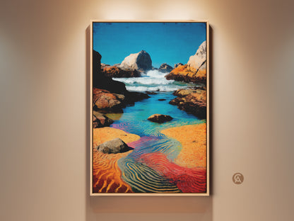Framed rocky coastline canvas print. It showcases impressionist ocean wave art. This piece features blue aqua and orange hues. Ideal coastal home decor or a thoughtful housewarming gift.