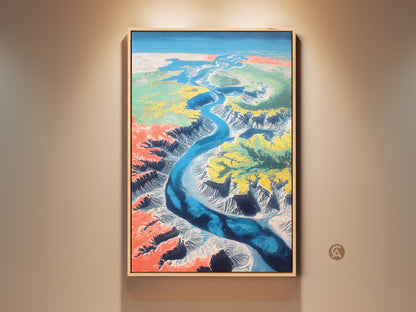 Teal Blue River Canyon artwork is displayed in a room setting. The contemporary art features an abstract aerial view. It would make excellent modern office wall art. This canvas print is a great gift for travelers.