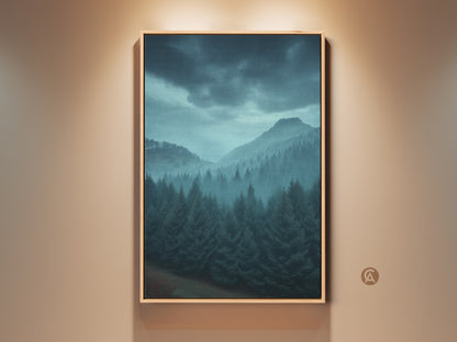 Framed mountain landscape art print features misty blue and gray tones. This forest canvas adds rustic wall decor to any space. Nature themed artwork brings tranquility. Perfect housewarming gift.