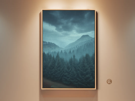 Framed mountain landscape art print features misty blue and gray tones. This forest canvas adds rustic wall decor to any space. Nature themed artwork brings tranquility. Perfect housewarming gift.