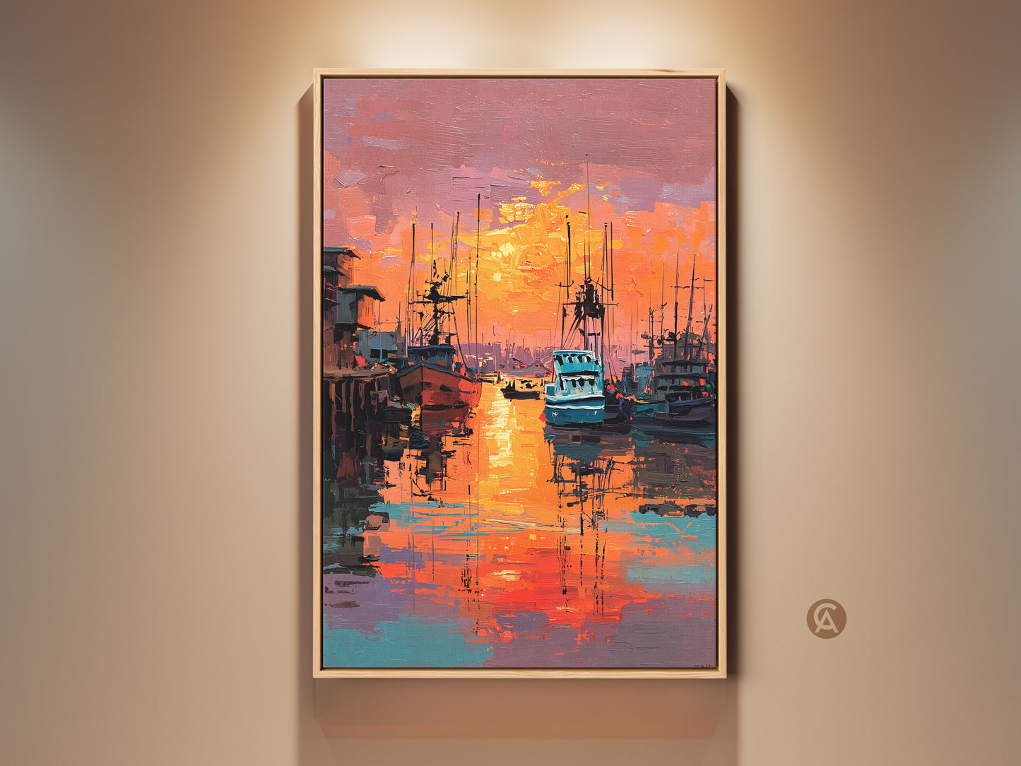 A stunning framed artwork captures a vibrant harbor scene at sunset. The oil painting style is evident in the rich textures and warm color palette. Reflections shimmer on the water adding depth to the marine artwork. A perfect piece for nautical art lovers.