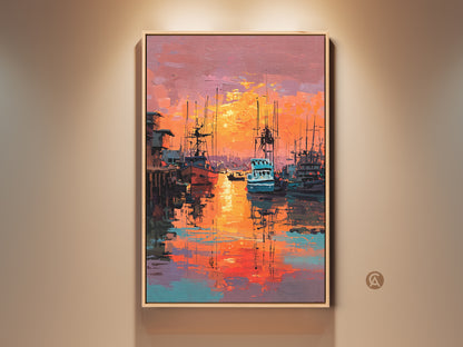 A stunning framed artwork captures a vibrant harbor scene at sunset. The oil painting style is evident in the rich textures and warm color palette. Reflections shimmer on the water adding depth to the marine artwork. A perfect piece for nautical art lovers.