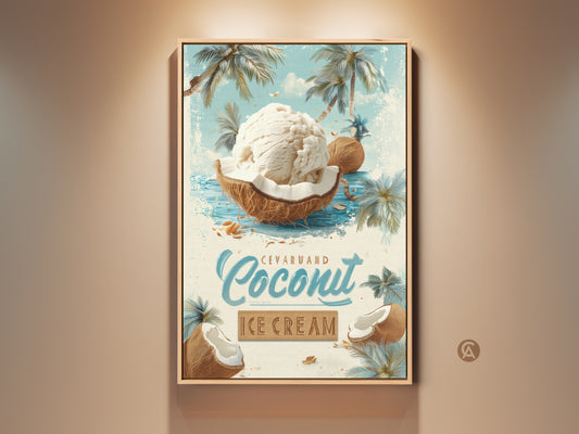 Vintage coconut ice cream art print displayed in a frame. Retro tropical beach poster for summer kitchen decor. Coastal artwork with light blue brown and cream tones. Perfect for cafe or beach house wall art.