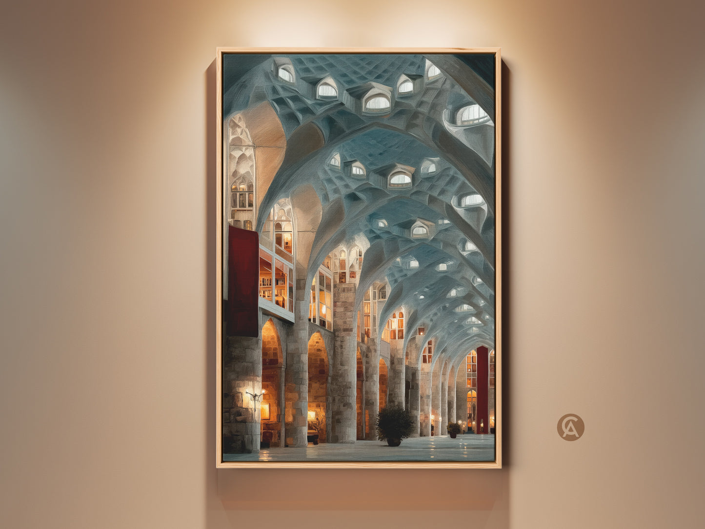 Gallery view of Gothic Arches Wall Art. This teal blue gray canvas print showcases art nouveau architecture. This interior artwork makes an eclectic entryway decor. A perfect housewarming gift for travel lovers. The vaulted ceiling art print brings a sophisticated touch to any home.