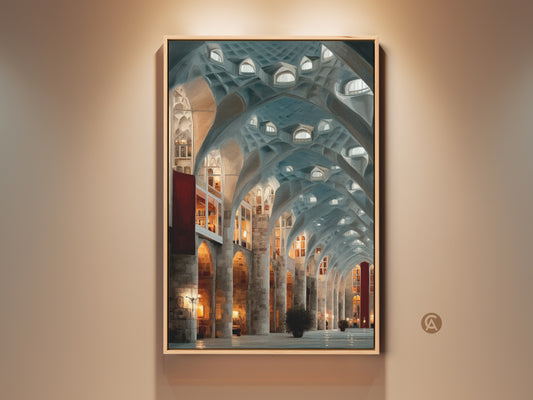 Gallery view of Gothic Arches Wall Art. This teal blue gray canvas print showcases art nouveau architecture. This interior artwork makes an eclectic entryway decor. A perfect housewarming gift for travel lovers. The vaulted ceiling art print brings a sophisticated touch to any home.