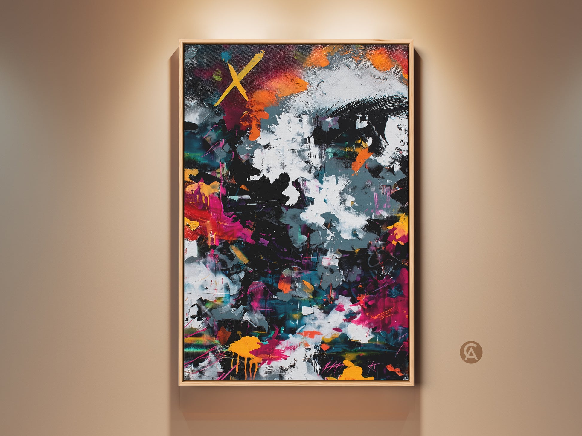 Framed abstract art in a modern style. The artwork features bold strokes of black white and vibrant colors. The art is encased in a sleek wood frame. Perfect for adding a touch of contemporary style to any room. Shop now to elevate your home decor with this unique piece