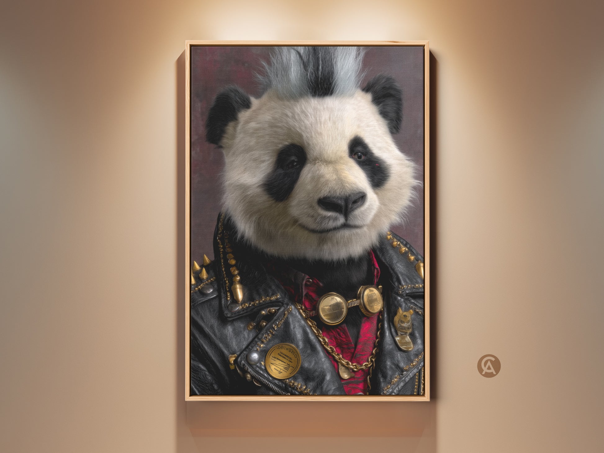 Close-up of the Punk Rock Panda Canvas artwork. The art features a panda in a leather jacket with a mohawk. This gothic music lover gift is set against a dark background. The eclectic animal print brings a bold statement to home bar artwork or any eclectic bedroom decor.