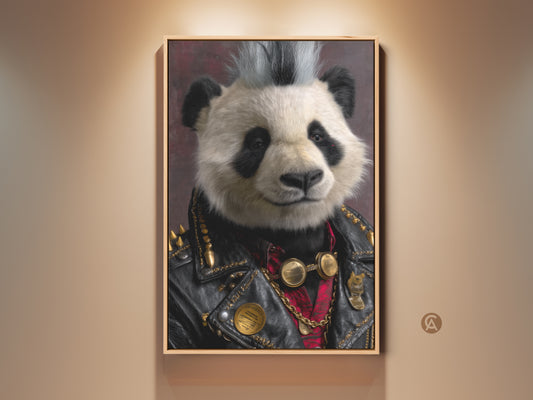 Close-up of the Punk Rock Panda Canvas artwork. The art features a panda in a leather jacket with a mohawk. This gothic music lover gift is set against a dark background. The eclectic animal print brings a bold statement to home bar artwork or any eclectic bedroom decor.