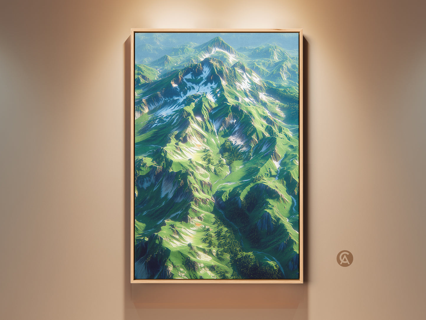 Elevate your space with majestic mountain artwork. This framed art print captures a lush green mountain range. Snow-capped peaks add a touch of winter's beauty. Perfect wall art for nature lovers seeking serene landscapes.