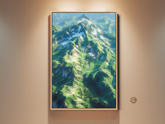 Elevate your space with majestic mountain artwork. This framed art print captures a lush green mountain range. Snow-capped peaks add a touch of winter's beauty. Perfect wall art for nature lovers seeking serene landscapes.