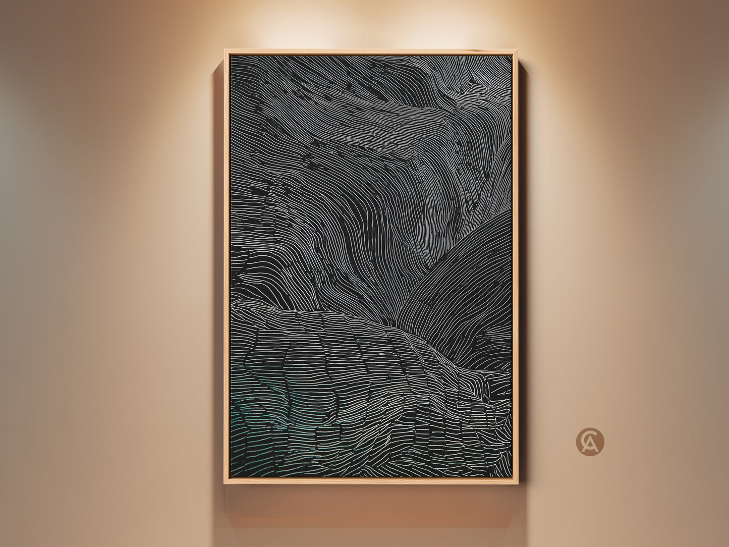A framed minimalist line art canvas print is displayed on a neutral wall. The abstract black white teal mountain art adds a modern touch. This piece is perfect for bedroom or office decor. It is a thoughtful housewarming gift.