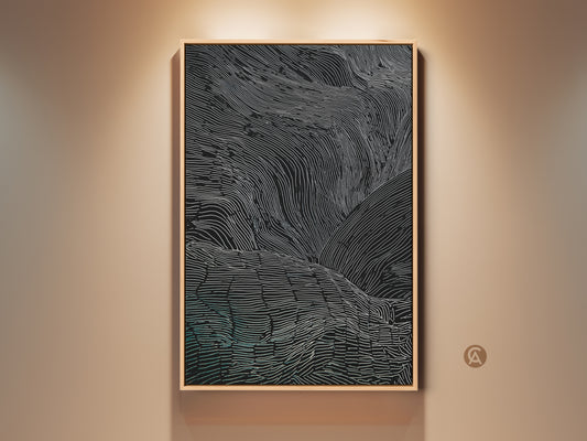 A framed minimalist line art canvas print is displayed on a neutral wall. The abstract black white teal mountain art adds a modern touch. This piece is perfect for bedroom or office decor. It is a thoughtful housewarming gift.