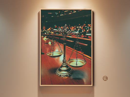 Elevate your law office with this vintage Scales of Justice canvas print. It features traditional gold accent art that embodies courage and justice. A perfect traditional home style gift for lawyers and judges. The print is ideal for adding a touch of classic courtroom art to any legal space. This artwork symbolizes legal profession and makes a thoughtful judge appreciation gift.