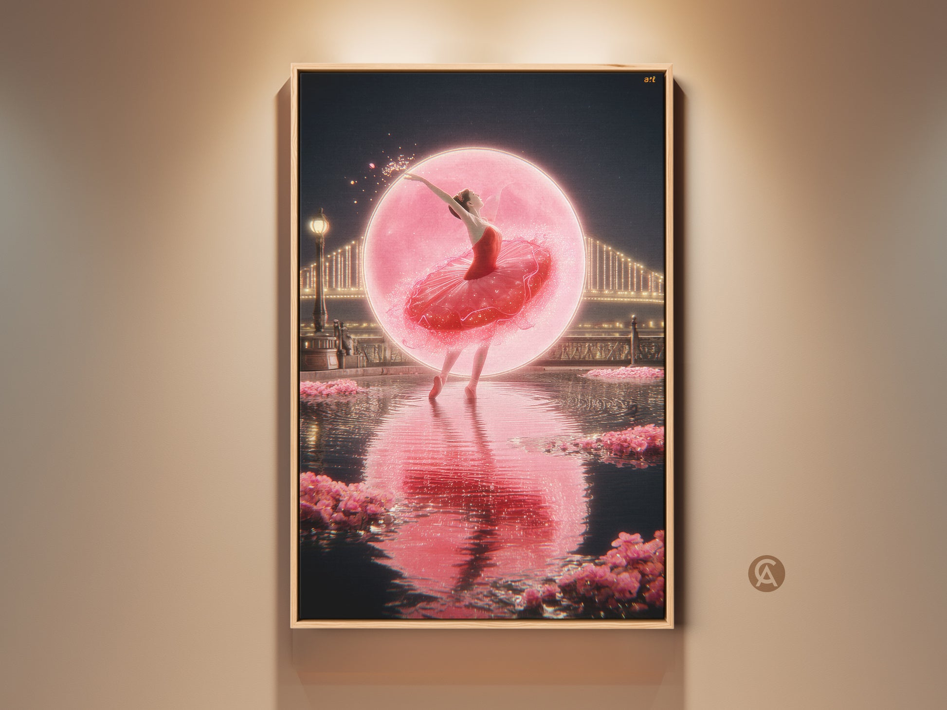 Romantic ballerina canvas print for dreamy bedroom decor. This fine art canvas print captures a fantasy dance artwork. A pink cityscape wall art presents a magical ballerina poster. It's an elegant wall hanging gift for ballet lovers or an anniversary gift for her.