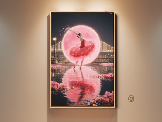 Romantic ballerina canvas print for dreamy bedroom decor. This fine art canvas print captures a fantasy dance artwork. A pink cityscape wall art presents a magical ballerina poster. It's an elegant wall hanging gift for ballet lovers or an anniversary gift for her.