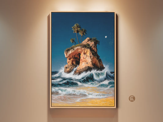 Seascape canvas artwork featuring an island with palm trees. Ocean waves crash against the island in an oil painting style. This coastal decor brings a beach house vibe. This artwork is perfect as a housewarming gift or for beach lovers. The blue and orange hues create a calming seaside atmosphere for any living room or bedroom.