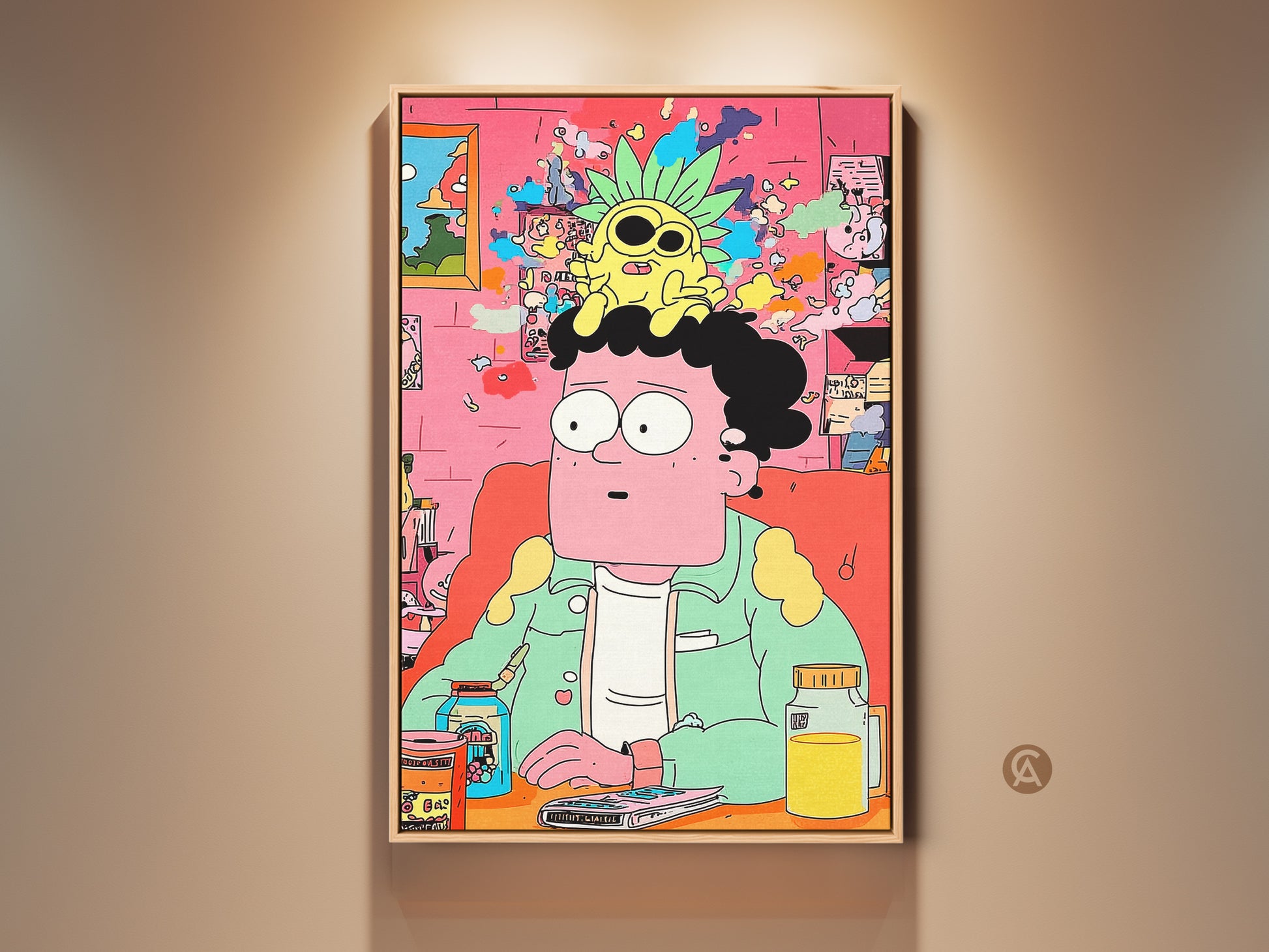 A framed art piece shows a cartoon man with a pineapple on his head. The artwork is brightly colored with pink walls. Jars sit on the table. It is modern art for your home or office.