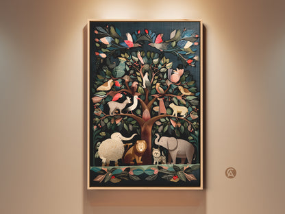 Folk Art Tree of Life artwork displaying exotic birds and animals in deep teal brown and emerald green tones. This canvas art print features a captivating nature decor. An eclectic piece that brings a whimsical touch to any room a perfect housewarming gift for the animal lover in your life.