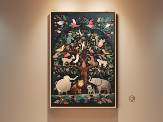 Folk Art Tree of Life artwork displaying exotic birds and animals in deep teal brown and emerald green tones. This canvas art print features a captivating nature decor. An eclectic piece that brings a whimsical touch to any room a perfect housewarming gift for the animal lover in your life.