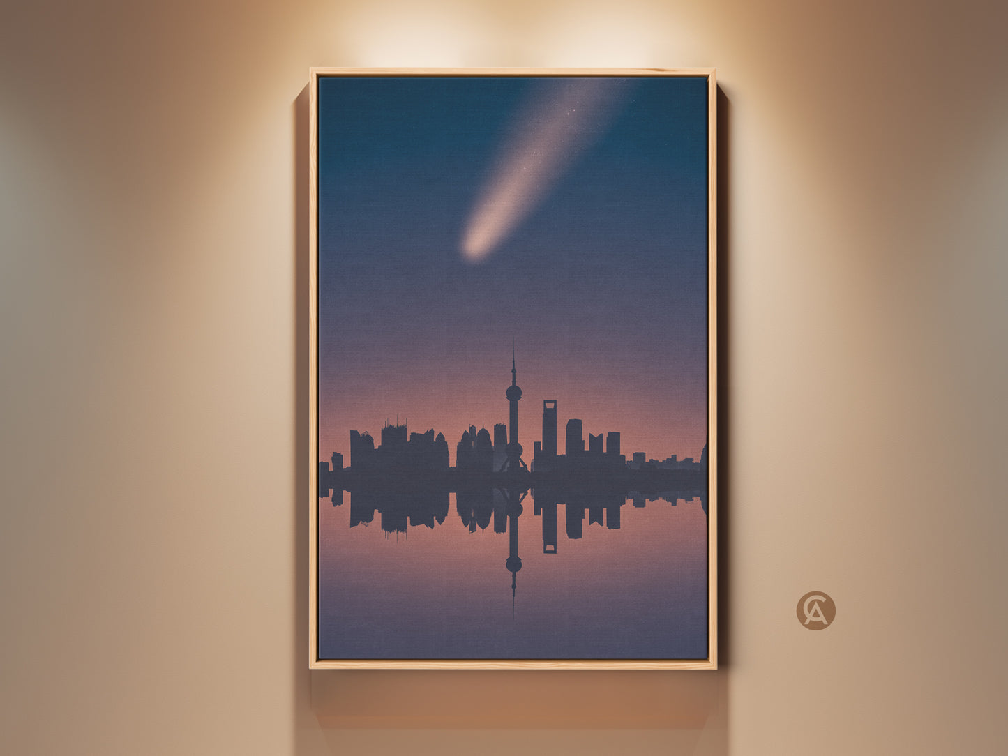 Framed modern Shanghai cityscape art print. A comet streaks across the navy and pink gradient sky. This minimalist space artwork adds contemporary elegance and wanderlust to any room. It's a captivating piece of wall decor.