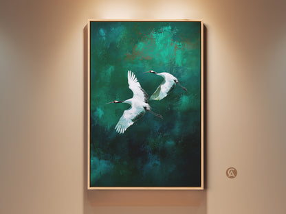 Framed emerald green cranes canvas artwork. A pair of flying cranes highlighted against teal abstract brush strokes. Modern nature artwork adds sophisticated beauty. Perfect for home decor.