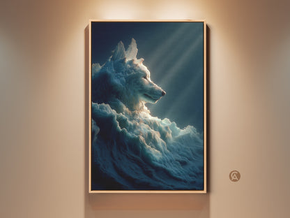 A framed surreal ice wolf wall art. It features a fantasy animal print. The deep blue and white canvas decor is bedroom art. It makes a great gift for animal lovers. The artwork has a unique artistic style.