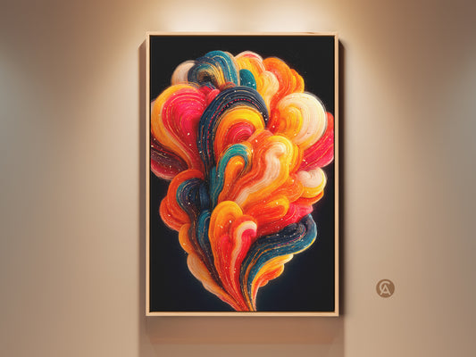 Contemporary abstract art print featuring vibrant orange red and teal swirls. The artwork is framed and displayed on a light beige wall. It is a modern office decor perfect as a gift for art lovers. This colorful explosion canvas adds an eclectic touch to any space.