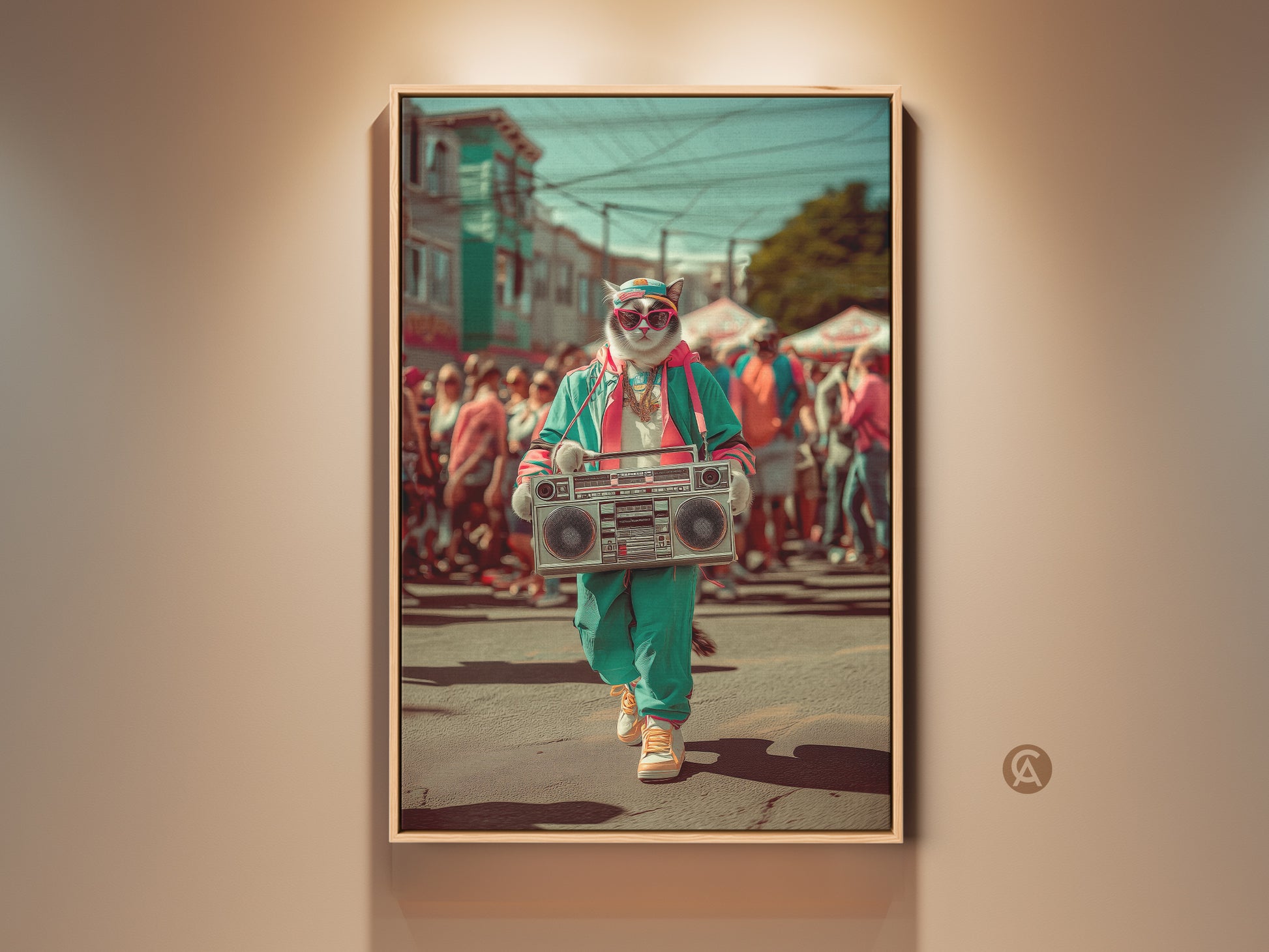 Cool Cat with Boombox Canvas Art displayed in a floating frame. This retro pop art print features teal pink colors. The urban animal wall hanging makes a great hip hop birthday gift.