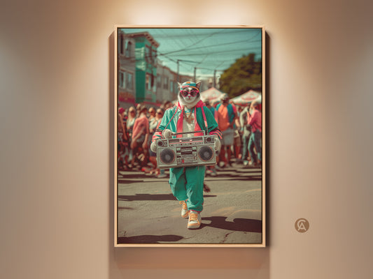 Cool Cat with Boombox Canvas Art displayed in a floating frame. This retro pop art print features teal pink colors. The urban animal wall hanging makes a great hip hop birthday gift.