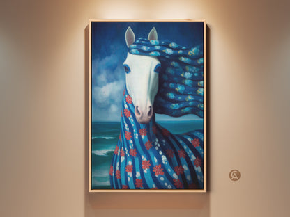A framed surreal horse canvas art print hangs on a neutral wall. The artwork features a white horse with a flowing blue mane and body adorned with red flowers. This ocean fantasy animal wall decor makes a unique gift for horse lovers.