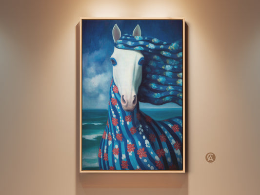A framed surreal horse canvas art print hangs on a neutral wall. The artwork features a white horse with a flowing blue mane and body adorned with red flowers. This ocean fantasy animal wall decor makes a unique gift for horse lovers.