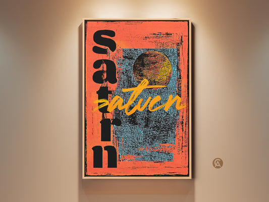 A framed piece of Coral Orange Abstract typography art. The retro typography sun wall hanging features an eclectic black geometric canvas. It's a housewarming gift for art lovers. Modern art for living room decor. This contemporary abstract print adds texture to any wall. It's perfect for mid-century modern aesthetics.