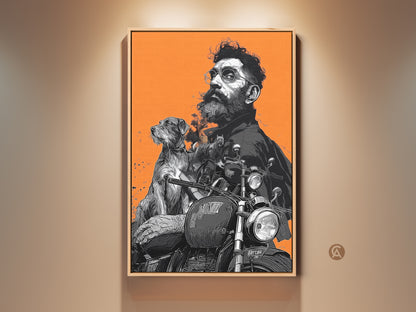 Retro biker canvas print featuring a man and his dog on a motorcycle. This orange gray and black wall art piece is ideal for motorcycle enthusiasts. It adds an eclectic touch to any man cave or office. A perfect gift for dog and bike lovers showcases a vintage aesthetic.