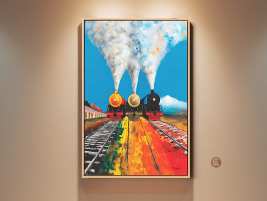 Vintage steam train canvas art brings history to your walls. This expressive artwork features locomotives in blues reds and yellows. It’s perfect eclectic home decor. Ideal transportation wall art for train enthusiasts a unique birthday gift for him adding journey and power to any room.