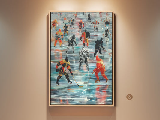 This retro hockey art print captures a vintage ice hockey game. The canvas showcases dynamic players in action. This artwork features a striking blue red and orange palette. Ideal sports action artwork for a game room or man cave. A unique gift for hockey fans and collectors of retro athletic art.