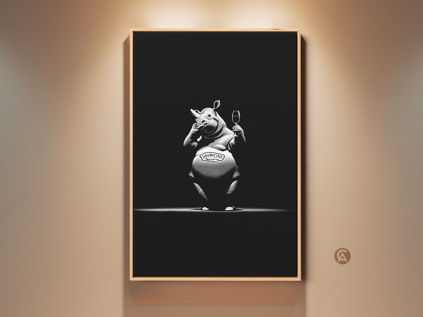 Framed eclectic rhino artwork adds humor to your walls. This black and white bar wall decor features a rhino with wine glass. Its a unique gift for wine enthusiasts or animal art collectors. A sophisticated animal theme wall decor suitable for a modern man cave art or home bar accent art.