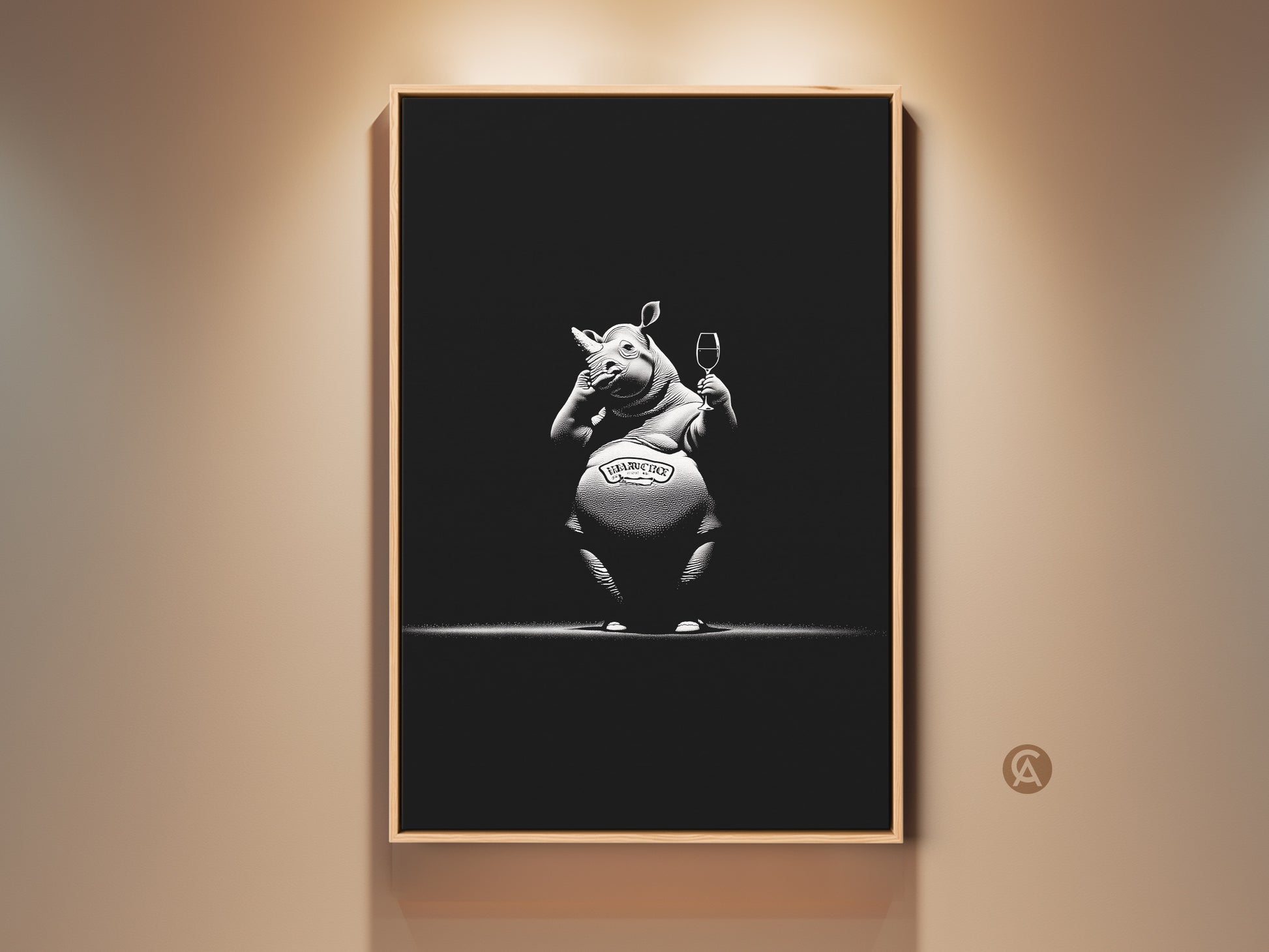Framed eclectic rhino artwork adds humor to your walls. This black and white bar wall decor features a rhino with wine glass. Its a unique gift for wine enthusiasts or animal art collectors. A sophisticated animal theme wall decor suitable for a modern man cave art or home bar accent art.