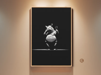 Framed eclectic rhino artwork adds humor to your walls. This black and white bar wall decor features a rhino with wine glass. Its a unique gift for wine enthusiasts or animal art collectors. A sophisticated animal theme wall decor suitable for a modern man cave art or home bar accent art.