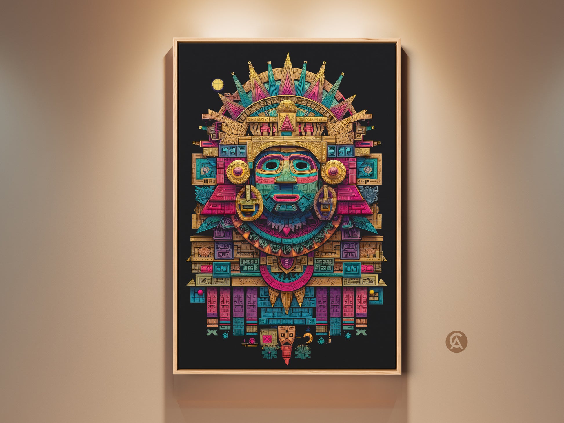 Framed Mayan mask art on display. The colorful art piece features intricate geometric patterns and a sunburst crown. This framed artwork enhances any room's aesthetic. A captivating piece of cultural art.