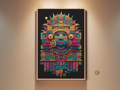 Framed Mayan mask art on display. The colorful art piece features intricate geometric patterns and a sunburst crown. This framed artwork enhances any room's aesthetic. A captivating piece of cultural art.