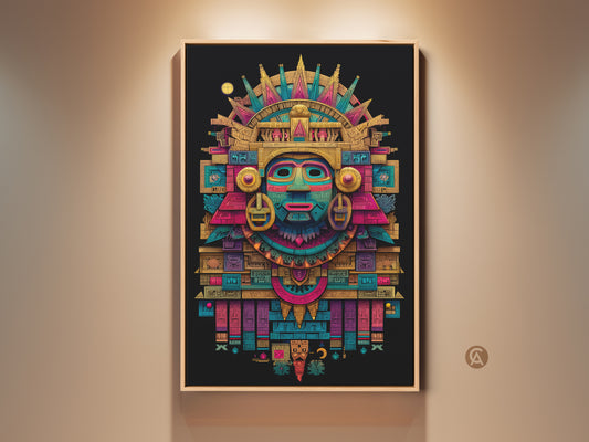 Framed Mayan mask art on display. The colorful art piece features intricate geometric patterns and a sunburst crown. This framed artwork enhances any room's aesthetic. A captivating piece of cultural art.